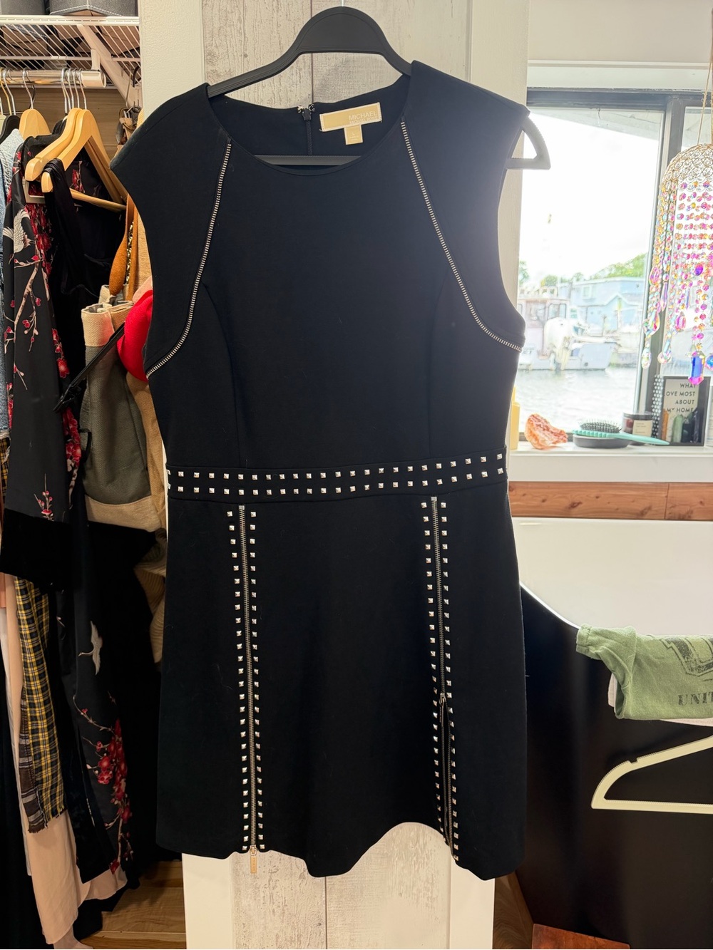 Michael Kors Black Sleeveless Stud-Trim Fit & Flare Mini Dress